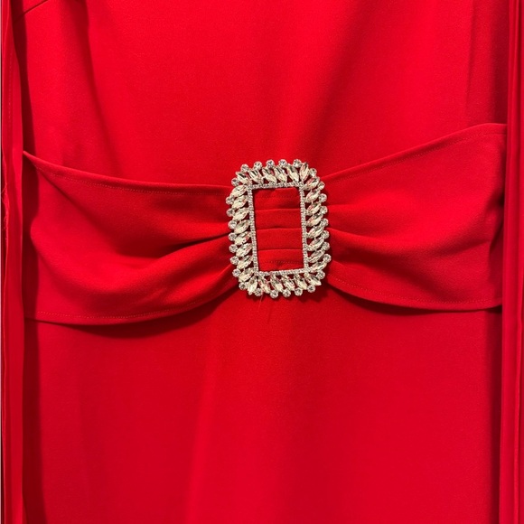Red Sheath Dress with Bishop Sleeves and Embellished Buckle - Picture 2 of 16